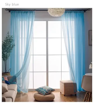 Прозрачные шторы из голубой вуали для гостиной, 2 панели, карманные шторы на окнах, фильтрующие свет, небесно-голубые прозрачные мини-шторы
