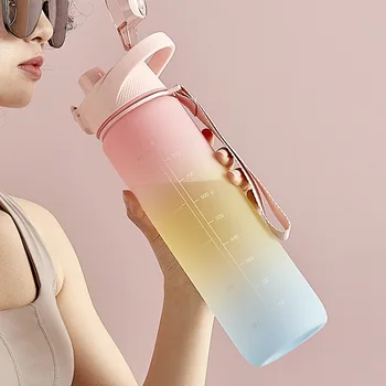 1Л Градиентные соломенные бутылки для воды, спортивная градуированная чашка для питья большой емкости, портативная бутылка для воды для фитнеса на открытом воздухе, посуда для напитков