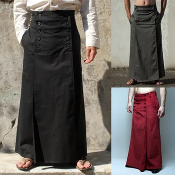 Мужская однотонная двубортная юбка с высокой талией 2023 года, модный свободный фартук в стиле ретро с карманами, сшитый вручную