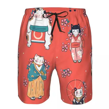 Мужские шорты для плавания, купальники с забавными кошками и цветами Сакуры, мужские плавки, купальник, пляжная одежда, Бордшорты