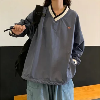 Японские толстовки, футболка, Женская осенне-зимняя студенческая Корейская мода, свободная футболка с длинным рукавом, футболка Ins с V-образным вырезом