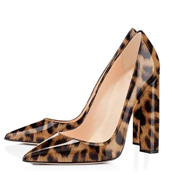 Глянцевые туфли-лодочки большого размера Классические Женские туфли из лакированной кожи с острым носком и толстым пикантным леопардовым рисунком на очень высоком каблуке