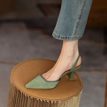 2023 Новые женские босоножки из мягкой кожи с острым носком на тонком каблуке, летние женские туфли на высоком каблуке с открытой спинкой для женщин