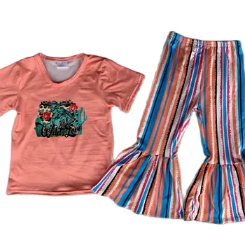 Расклешенные брюки в красочную полоску, оранжевая футболка, комплект из 2 предметов из молочного шелка, бутик-милый детский комплект