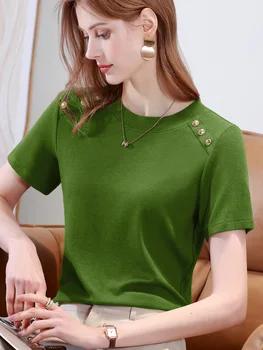 Модная летняя женская однотонная приталенная футболка с круглым вырезом, Универсальный темперамент, элегантность, простые хлопковые уютные топы с коротким рукавом