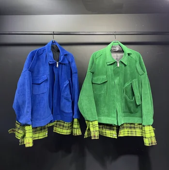 Винтажный римейк в стиле унисекс в стиле Y2K, обновленное флуоресцентно-зеленое пальто в стиле пэчворк, оверсайз