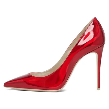 Красные туфли-лодочки на высоком каблуке-шпильке, женские пикантные вечерние туфли из лакированной кожи с острым носком, без застежки на тонком высоком каблуке