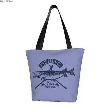 Сумка для покупок с принтом в стиле каваи для рыбалки на щуку Переносная холщовая сумка для покупок на плечо Рыбак-рыбачка