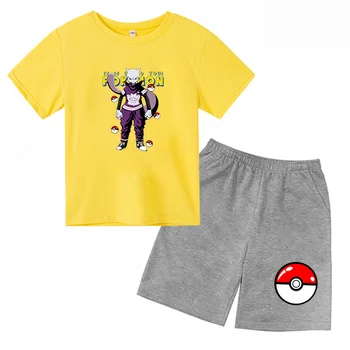 Корейская детская одежда с рисунком Пикачу для мальчика, футболка с графическим рисунком, комплекты из 2 предметов, детский спортивный костюм, одежда оверсайз для мальчиков, футболка для девочек