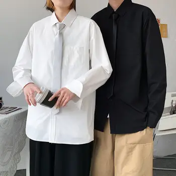 Мужские однотонные рубашки Harajuku, мешковатая Корейская модная блузка с открытыми плечами, однобортная рубашка с лацканами и галстуком, уличная одежда, пальто