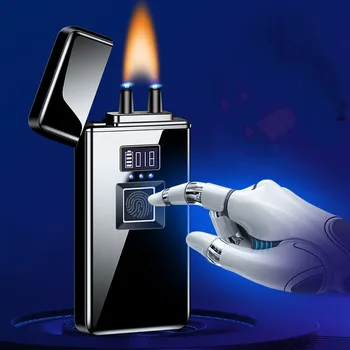 2023 Металлическая уличная ветрозащитная плазменная USB-зажигалка со светодиодным дисплеем с датчиком отпечатков пальцев, электрическая зажигалка высокой мощности, элитный мужской подарок