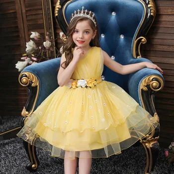 Детское платье, платье принцессы, платье для девочек на прогулке, желтое платье с фрагментированными цветами, платье без рукавов Super Immortal, принт
