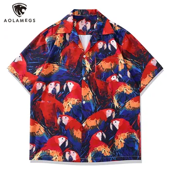 Винтажная уличная одежда Для мужчин, яркая рубашка с короткими рукавами и принтом граффити в виде попугая, летние модные гавайские рубашки на пуговицах с лацканами, универсальные