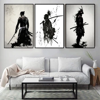 Черно-белая картина Японского Самурая на холсте, Винтажный рисунок, Художественная печать, стена гостиной, Домашний декор, Плакат
