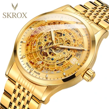 Механические мужские часы SKROX с резьбой, выдалбливают, лучший бренд класса Люкс, ремешок из нержавеющей стали, золотые Автоматические часы, светящиеся стрелки