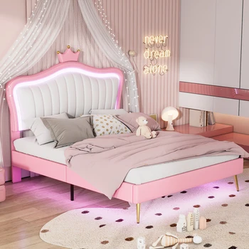 Каркас мягкой кровати размера Queen Size со светодиодной подсветкой, современная мягкая кровать Princess с изголовьем в виде короны, мебель для спальни розового цвета