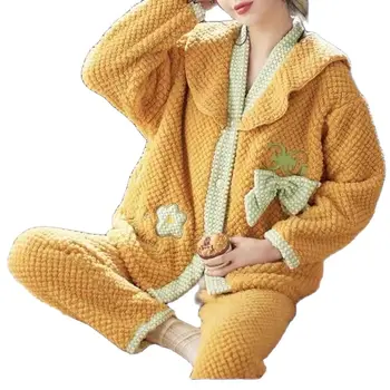 Зимние фланелевые пижамные комплекты для женщин, Утепленные теплые пижамы, пижамы из двух частей с V-образным вырезом, Милая домашняя одежда, Домашняя одежда для женщин