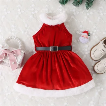 FOCUSNORM От 0 до 5 ЛЕТ для малышей, Рождественское платье для девочек, бархатный сарафан принцессы без рукавов в стиле пэчворк с черным кожаным поясом