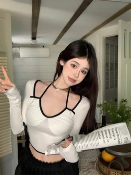 Gothiscyn 2023 Корейская модная осенняя популярная футболка в повседневном стиле, трикотажная футболка Spicy Girl, Контрастный плиссированный топ, женская одежда