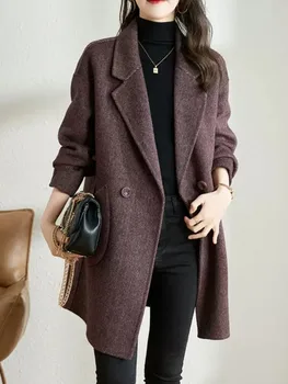 Корейское модное зимнее женское шерстяное пальто, Новый элегантный и шикарный двубортный жакет, женское винтажное повседневное пальто, одежда