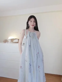 Китайское платье феи с нежной вышивкой в романтическом китайском стиле, в стиле королевской сестры-богини, синее платье с подвешенным вырезом.
