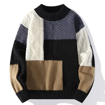 Свитера с круглым вырезом, мужские Осенне-зимние вязаные свитера в стиле пэчворк, толстовка с длинным рукавом, Мужские свитера, пальто 2023 г.