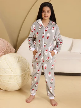 Рождественская пижама для девочек, детская одежда для сна, зимняя фланелевая мягкая теплая пижама, пижама с капюшоном, Серая пижама с принтом