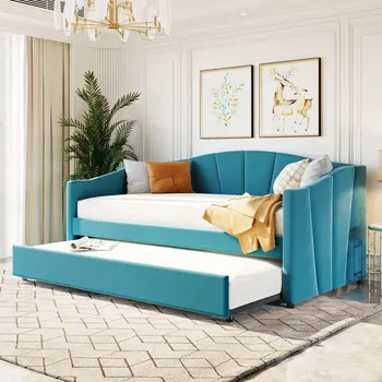 Минималистичный и современный Диван-кровать Twin Size с мягкой кушеткой и деревянной рейкой, Подходит для спальни, Синий