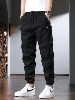 Черные хлопчатобумажные повседневные брюки Мужские Летние брюки-карандаш Уличная Мода Джоггеры на завязках Брюки