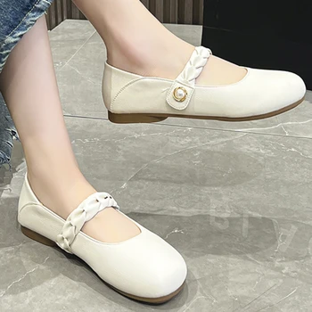Женская обувь, хит продаж 2023 года, весенне-осенние женские туфли на плоской подошве, однотонные туфли с круглым носком и неглубокой пряжкой, Zapatillas De Mujer