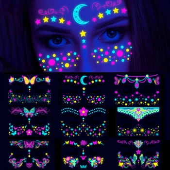 Флуоресцентная наклейка с татуировкой на лице, временные водонепроницаемые наклейки для фейс-арта на Хэллоуин, музыкальная вечеринка, ночной клуб, макияж, татуировки