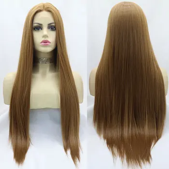 Синтетический парик с кружевом спереди, Светло-золотисто-коричневый, прямые волосы из термостойкого волокна, Естественный пробор посередине по линии роста волос для белых женщин