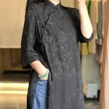 Классический черный жаккардовый топ Cheongsam из искусственного шелка в стиле Кантри, весна-осень 2023, платье Ципао в этническом стиле в стиле ретро