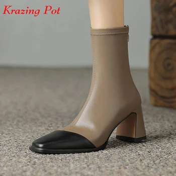 Модные Современные ботинки Krazing Pot из коровьей кожи с квадратным носком на высоком каблуке большого размера 42, универсальные женские Элегантные ботильоны смешанного цвета