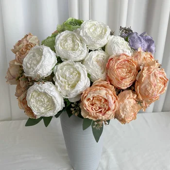 7головок Букет пионов Искусственные цветы Роза с обожженным краем Домашний декор свадебное украшение свадьба