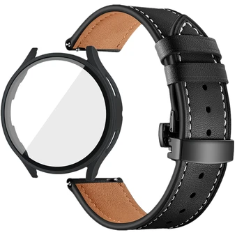 Кожаный ремешок + Чехол для ПК Samsung Galaxy Watch 4 5 44 мм 40 мм Ремешок С Пряжкой-Бабочкой Для Galaxy Watch 5 Pro 45 мм Браслет