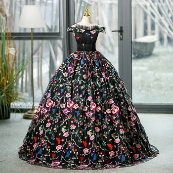 Винтажные пышные платья с яркими цветами Классическое Элегантное Черное бальное платье с открытыми плечами 2023 Новое Длинное бальное платье