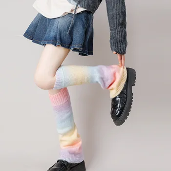 1 Пара ретро радужных градиентных трикотажных гетр Jk с накидкой до колена для женщин 2023, вязаные теплые модные чехлы для ног
