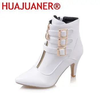 Обувь HUAJUANER, женские ботинки, весенние ботильоны на высоком каблуке, ботинки с острым носком, пряжка, Женская обувь на молнии, белый, большой размер