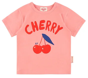 Детская одежда для девочек из чистого хлопка с вишневым принтом, Розовая футболка, Летняя рубашка 2023, Лето