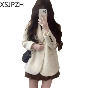 Xsjpzh 2023 Новый женский Белый Шерстяной костюм, пальто, Зимняя куртка, женские Короткие Толстые парки, верхняя одежда с V-образным вырезом, Модное Универсальное пальто