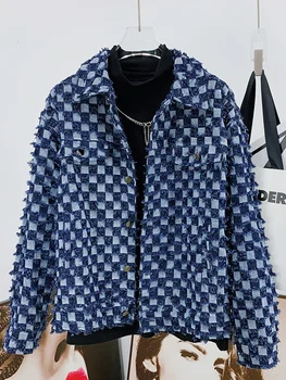 Осенние мужские джинсовые куртки Chessboard с грубыми краями в корейском стиле, модные Свободные Универсальные мотоциклетные пальто высокого качества 21Z1231