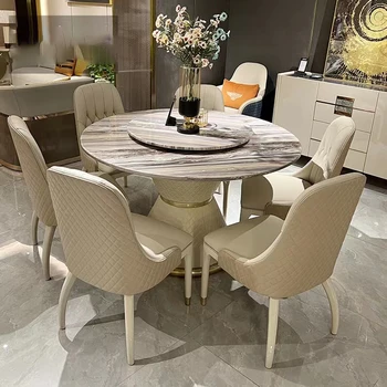 Обеденный гарнитур премиум-класса: Круглый обеденный стол из нержавеющей стали MINGDIBAO и 6 стульев из натуральной кожи Мебель для домашней кухни