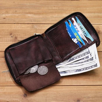 Мужской кошелек из натуральной кожи 2024 года, мужской винтажный Ретро-кошелек на молнии с застежкой-молнией, с отделением для карт, карманом для монет, сумкой для денег