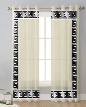 Бежевый Геометрический узор в греческом ключе Тюль Украшение гостиной Прозрачные занавески Спальня Кухня Вуалевые шторы