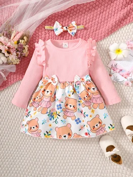 Осенне-зимнее платье для маленьких девочек, теплое розовое платье с мультяшным мишкой с длинными рукавами и головным убором с бантом, подходит для ношения от 6 до 3 лет