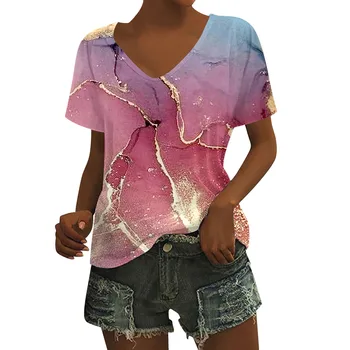 Женская летняя Базовая футболка С принтом, Модный V-образный вырез, Короткий рукав, Свободный Топ, Модная Женская Блузка, Женская одежда, Блузка, Футболка