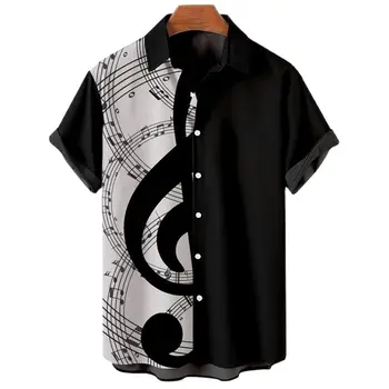 Новая черно-белая рубашка Note с коротким рукавом Hawaii 2023, мужская повседневная свободная футболка с 3D-принтом, футболка Rock Shirt