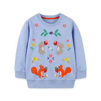 Толстовки с надписью Jumping Meters для девочек 2-7 лет, детская одежда с аппликацией в виде кролика и белки, осенне-весенняя детская одежда с капюшоном, рубашки