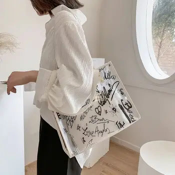 Модная прозрачная сумка-тоут большой емкости 2023, новая повседневная студенческая сумка через плечо с корейским принтом, детская сумка для матери.